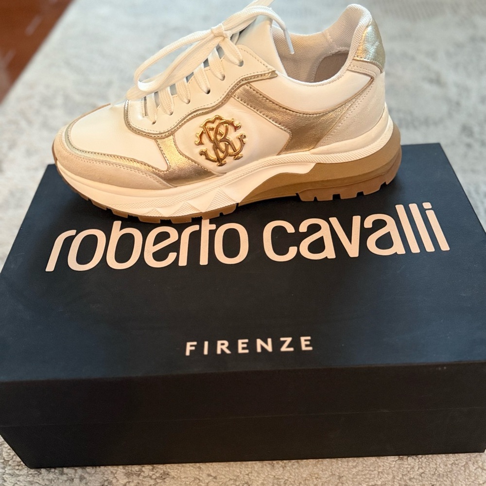 Roberto Cavalli Gold and White Designer Sneakers